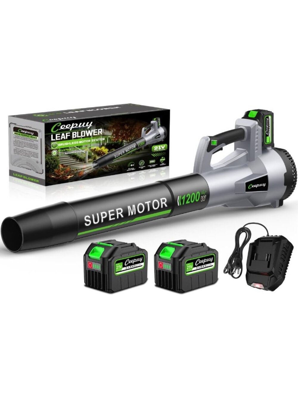 Powerful Cordless Leaf Blower, 735CFM, 2 Batteries & Fast Charger, 6 Speeds